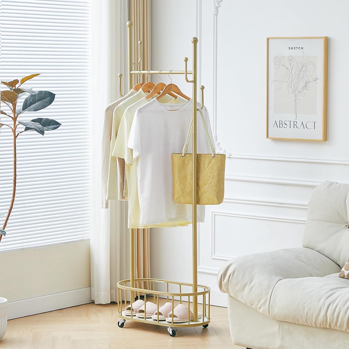 Jassenrek met wielen - Gouden metaal - Opbergbasket - Perfect voor slaapkamer en hal - ShopVlot
