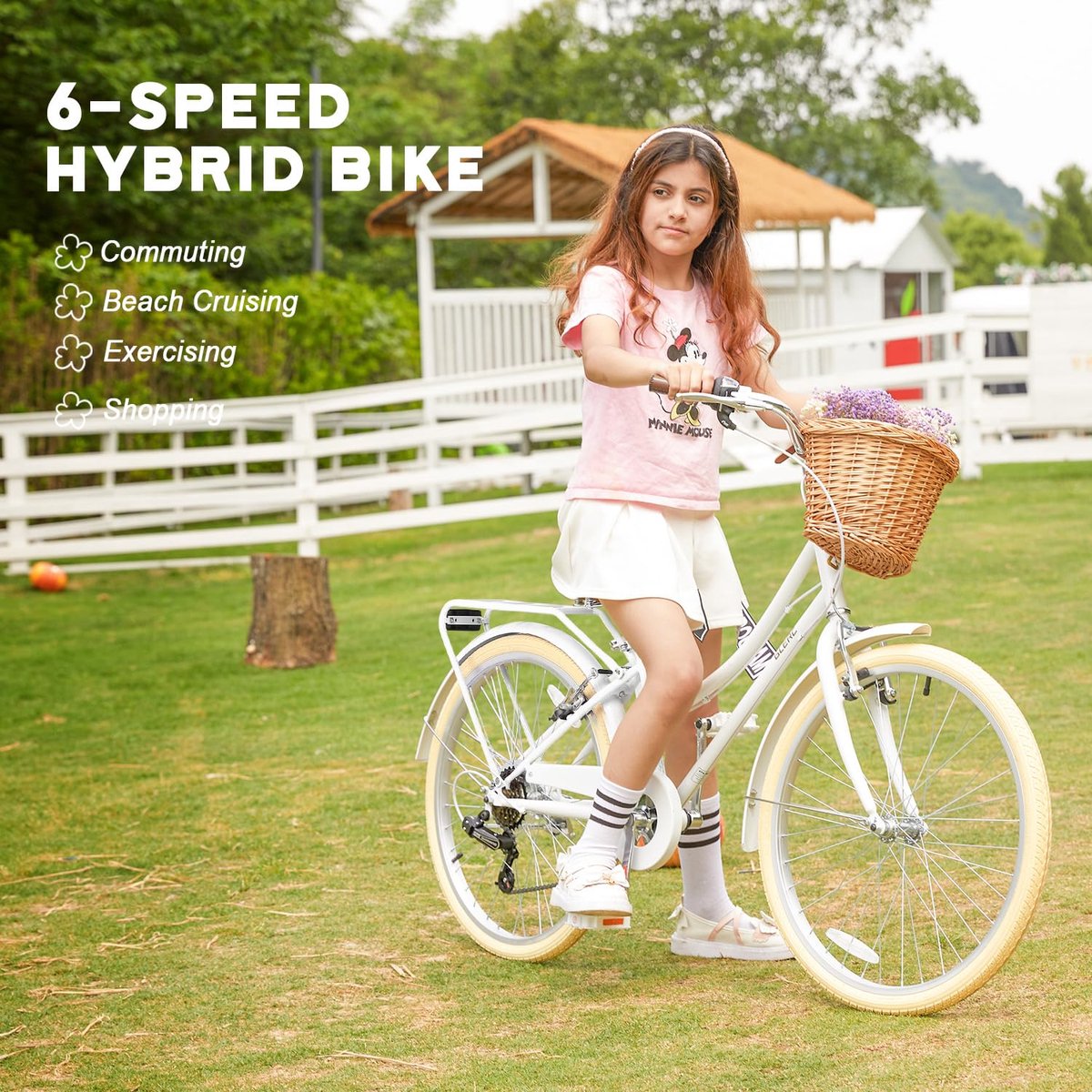 Kinderfiets 20 inch - hybride meisjes cruiser - met rieten mand - ideaal voor tieners - ShopVlot