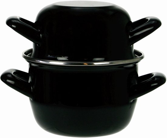 Zwarte mosselpan met twee handgrepen, met een kleinere pan erop gestapeld.