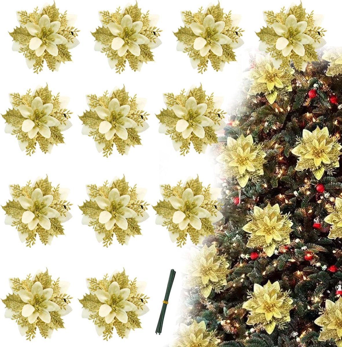Kerstd decoratie bloemen - 12 kunstbloemen - plastic poinsettia - herbruikbaar voor kerstboom - ShopVlot