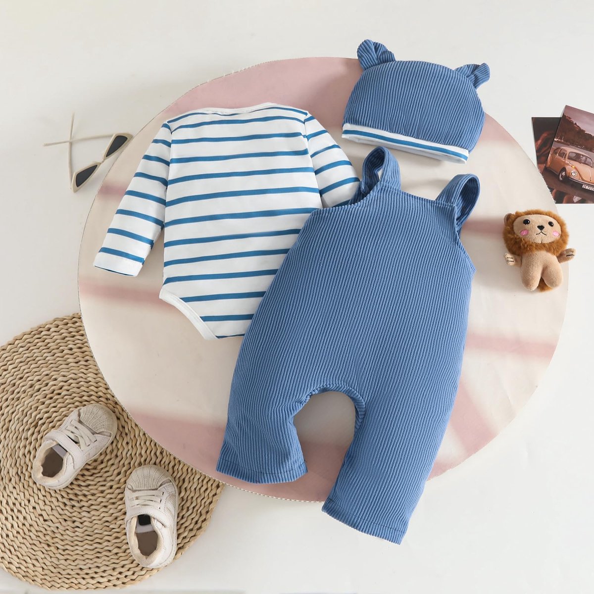 Babykleding jongens 0-3 maanden - gestreept bovenstuk - dinosaurus-opdruk - verstelbare bretels - ShopVlot