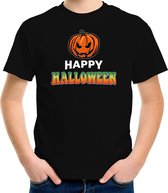 Halloween - Pompoen / happy halloween verkleed t-shirt zwart voor kinderen - horror shirt / kleding / kostuum XS (110-116)