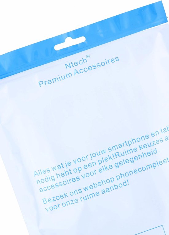 Verpakking van Ntech Premium Accessoires met blauwe rand en ophanggaatje.