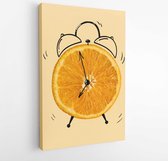 Canvas schilderij - Creative idea layout fresh orange slice alarm clock on pastel orange background. minimal idea business creative concept.  -  1339724096 - 40-30 Vertical