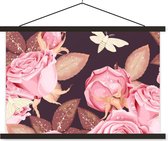 Posterhanger incl. Poster 60x40 cm - Schoolplaat - Rozen - Vlinders - Roze - Wit - Textielposter - Zwarte latten