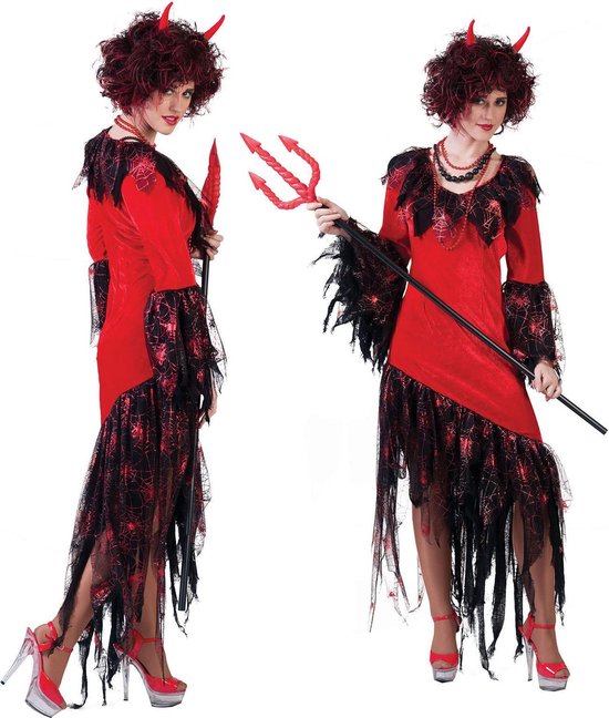 Funny Fashion - Duivel Kostuum - Verleidelijke Sinistere Satan - Vrouw - Rood - Maat 36-38 - Halloween - Verkleedkleding