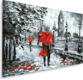 Schilderij - Regen in Londen (print op canvas), zwart-wit/rood, 4 maten, premium print