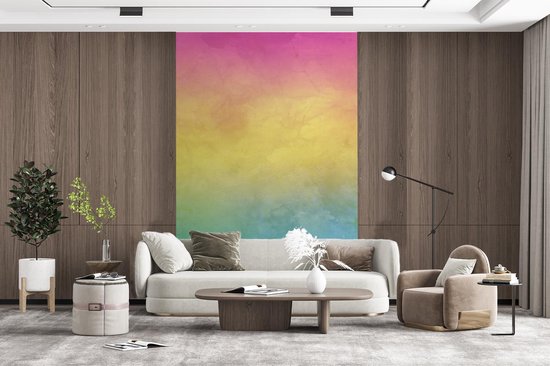 Œuvre abstraite à l'aquarelle dans les couleurs rose, bleu et jaune 155x240 cm