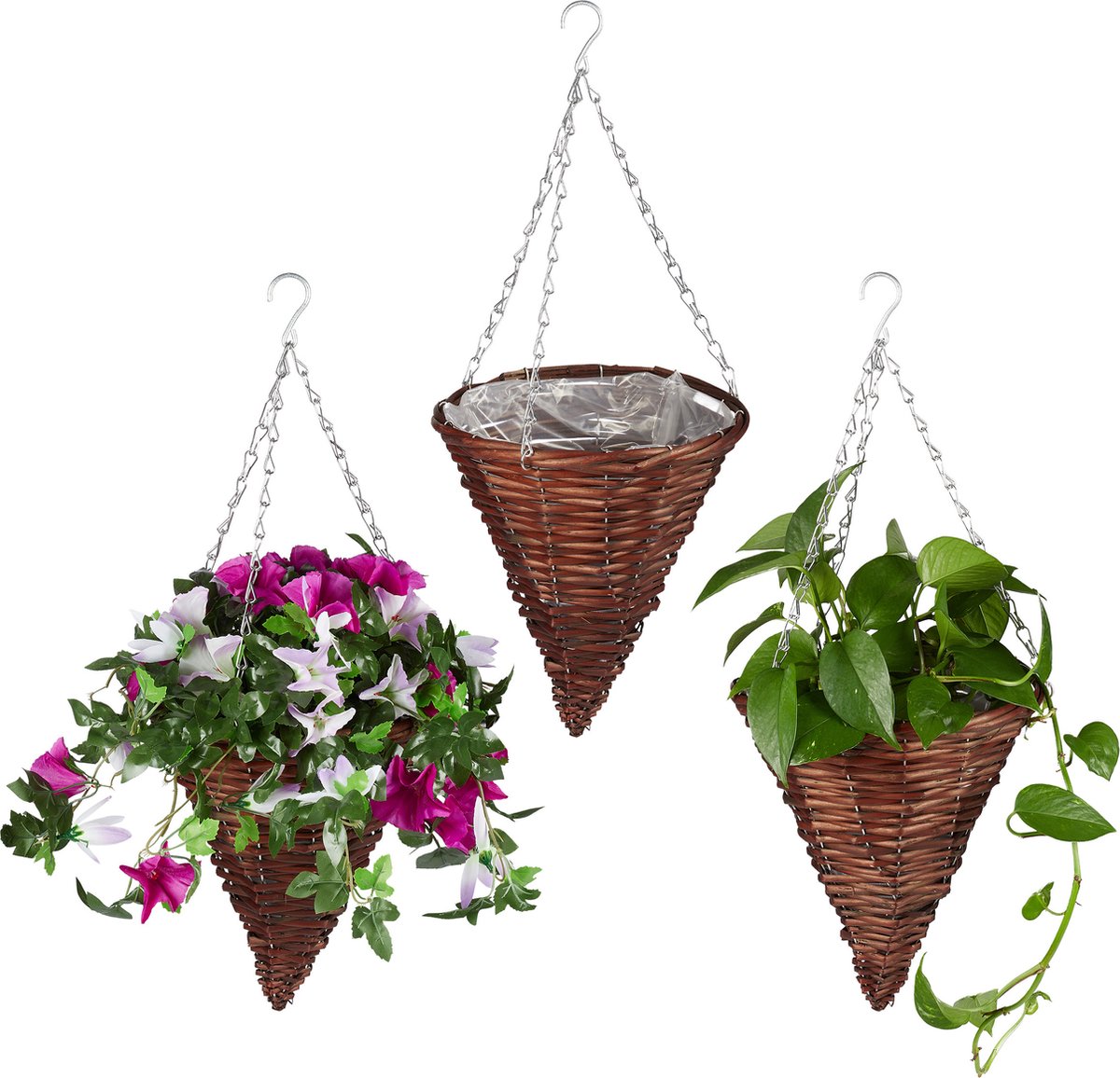 hangende plantenmand - set van 3 - 25 cm - met ketting en haak - folie - plantenhangers