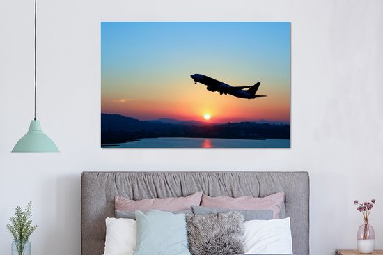 Aluminium schilderij 150x100 cm - Wanddecoratie metaal - Stijgend vliegtuig met een heldere lucht - Metalen muurdecoratie woonkamer - Decoratie industrieel - Foto op dibond - Industriële accessoires slaapkamer