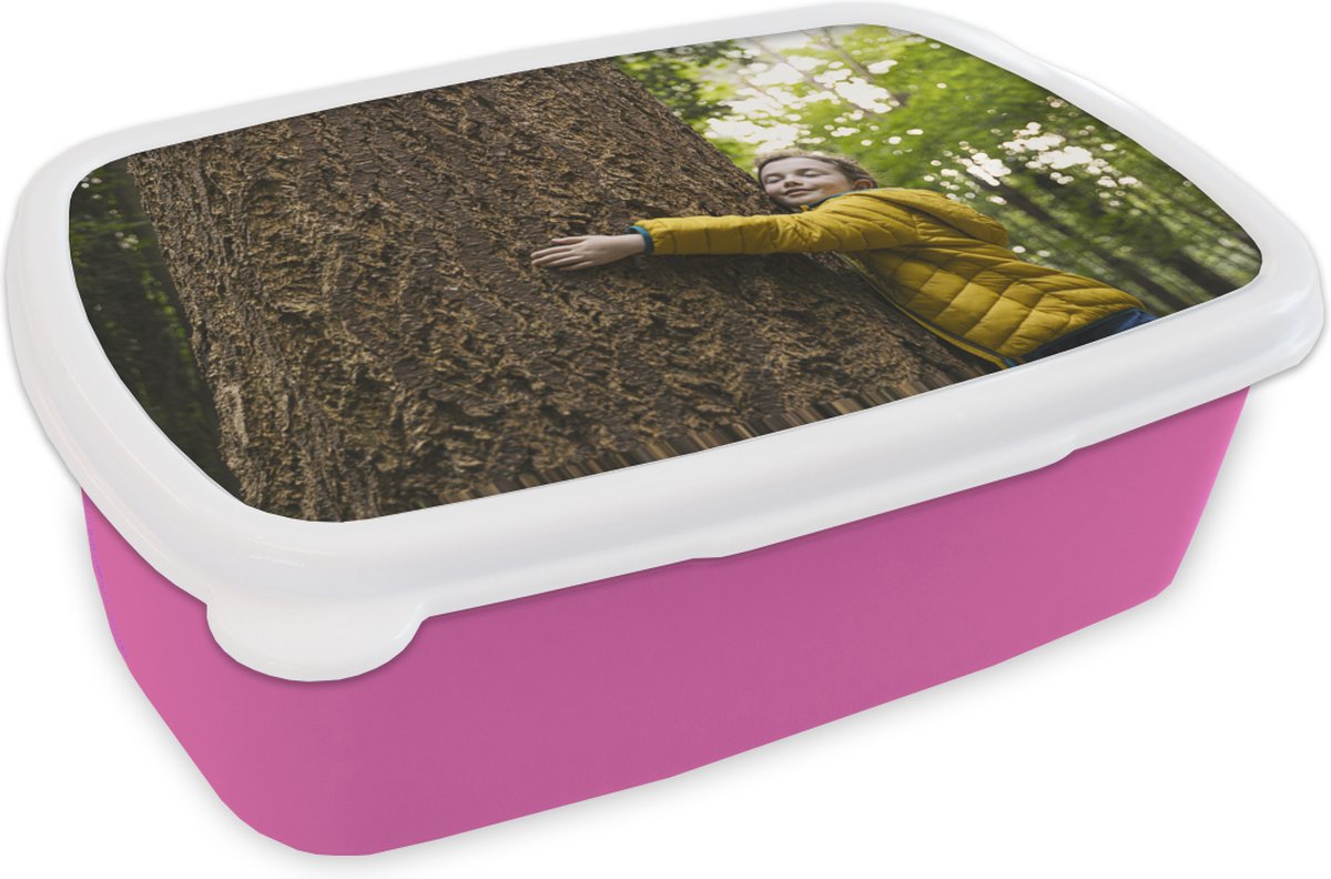 Broodtrommel Roze - Lunchbox - Brooddoos - Kind - Boom - Bos - 18x12x6 cm - Kinderen - Meisje
