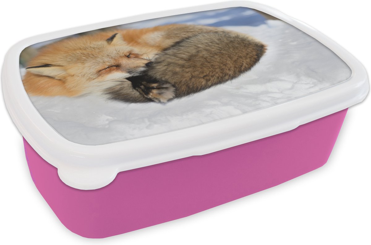 Broodtrommel Roze - Lunchbox - Brooddoos - Rode vos - Sneeuw - Dieren - 18x12x6 cm - Kinderen - Meisje