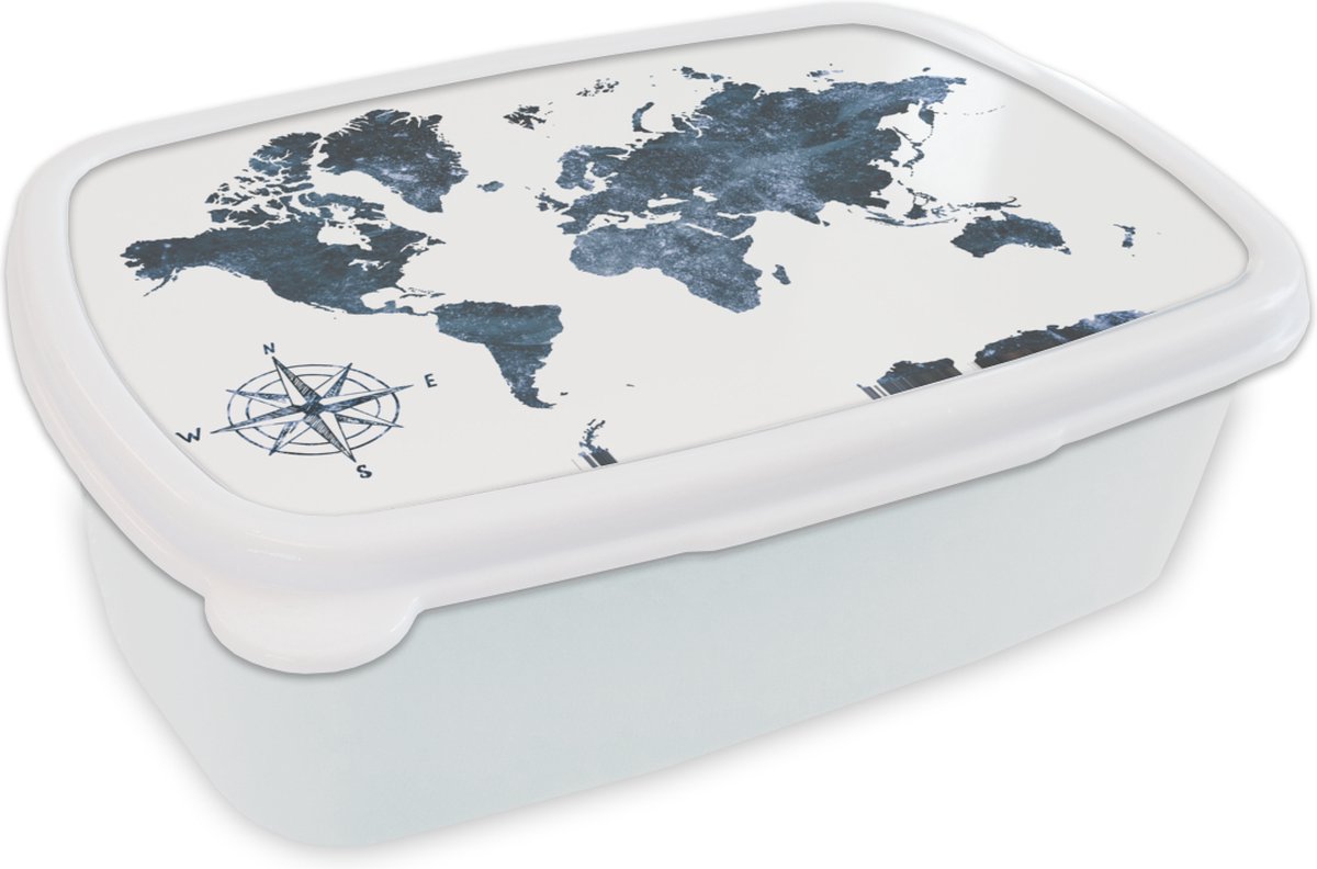 Broodtrommel Wit - Lunchbox - Brooddoos - Wereldkaart - Luxe - Blauw - 18x12x6 cm - Volwassenen
