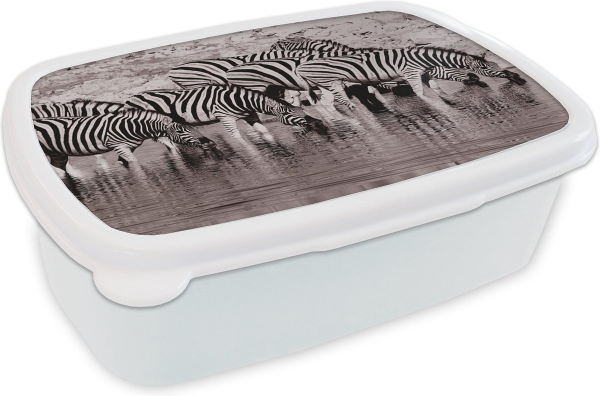 Broodtrommel Wit - Lunchbox - Brooddoos - Zebra's in het water - 18x12x6 cm - Volwassenen