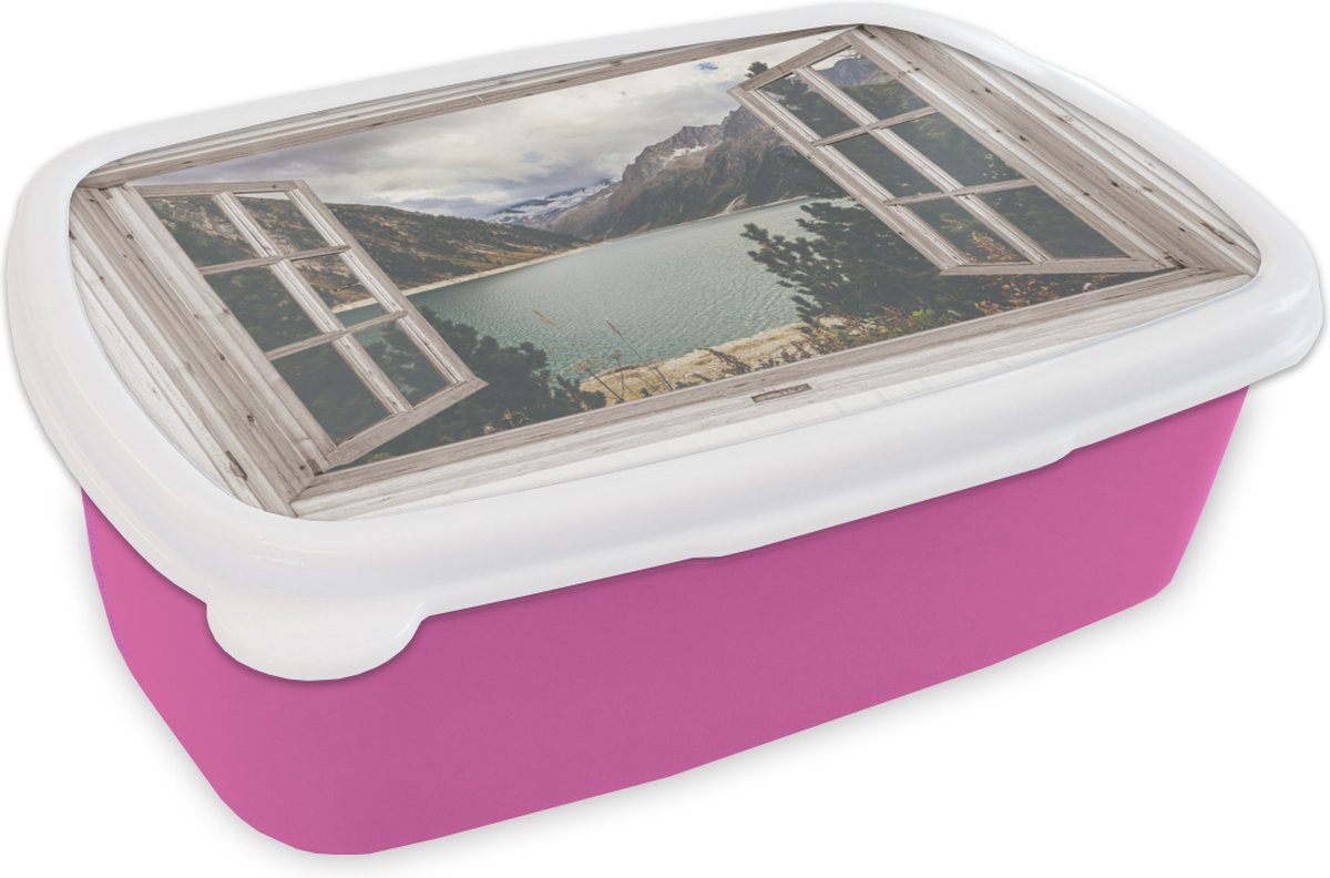 Broodtrommel Roze - Lunchbox - Brooddoos - Doorkijk - Water - Berg - 18x12x6 cm - Kinderen - Meisje