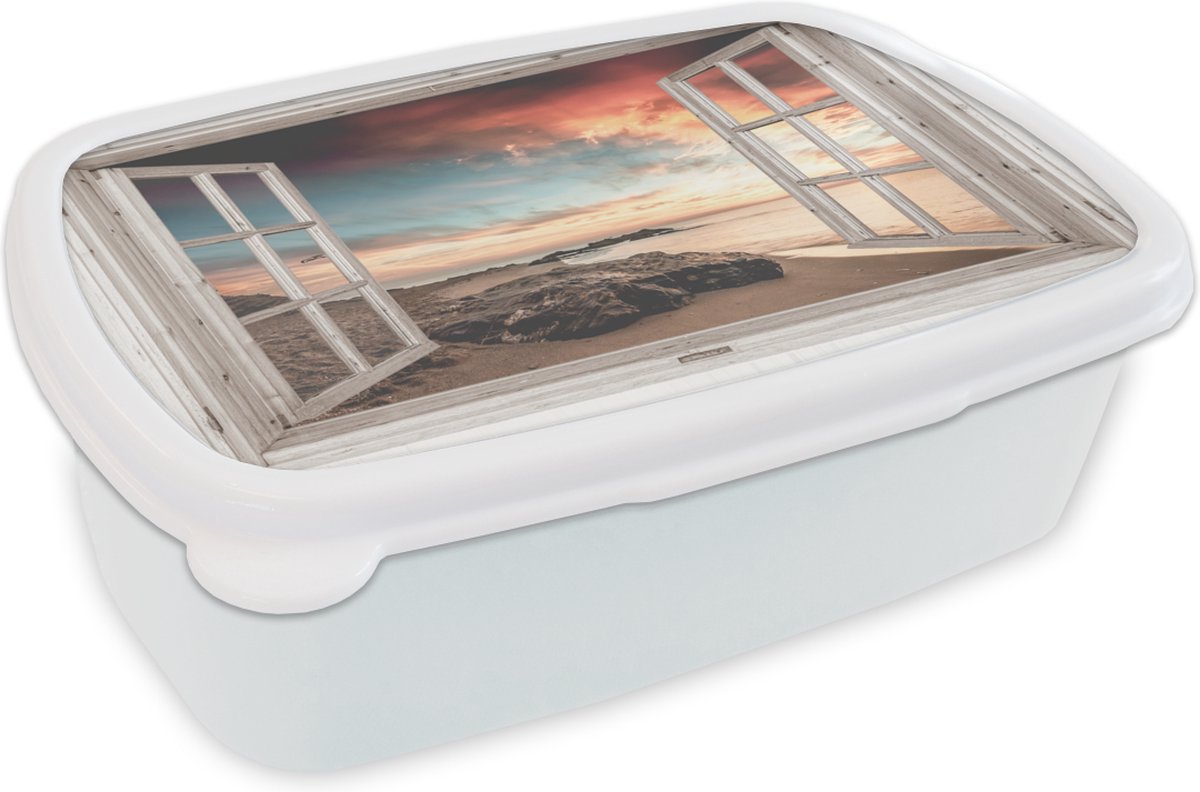 Broodtrommel Wit - Lunchbox - Brooddoos - Doorkijk - Strand - Zee - 18x12x6 cm - Volwassenen