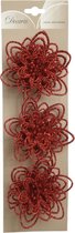 3x stuks decoratie bloemen rood glitter op clip 11 cm - Decoratiebloemen/kerstboomversiering/kerstversiering