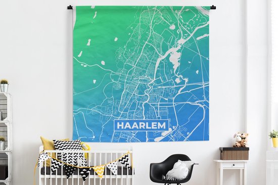 Wandkleed - Wanddoek - Stadskaart - Haarlem - Blauw - Groen - 180x180 cm - Wandtapijt - Plattegrond