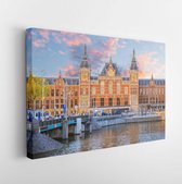 Onlinecanvas - Schilderij - Amsterdam Centraal Station Bij Zonsondergang. Nederland Art Horizontaal Horizontal - Multicolor - 115 X 75 Cm