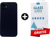 Backcase Carbon Hoesje iPhone 12 Blauw - Gratis Screen Protector - Telefoonhoesje - Smartphonehoesje