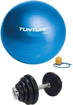 Tunturi - Fitness Set - Halterset 15 kg incl 1 Dumbbellstang  - Gymball Blauw 65 cm