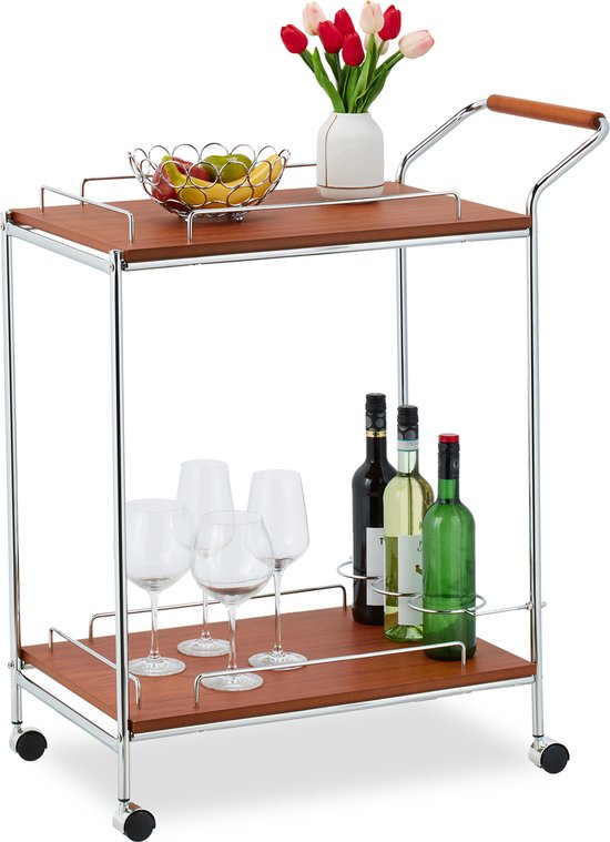 Relaxdays serveerwagen, wielen, 2 etages, flessenhouder, glas & chroom, HxD 77x56 cm, ronde keukentrolley, zilver/wit