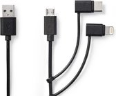Nedis 3-in-1-Kabel - USB 2.0 - USB-A Male - Apple Lightning 8-Pins / USB Micro-B Male / USB-C Male - 480 Mbps - 1.00 m - Vernikkeld - Rond - PVC - Zwart - Polybag