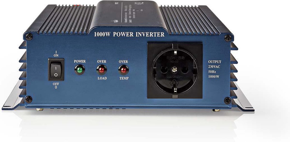 Nedis Inverter Pure Sinusgolf - Ingangsvoltage: 12 V DC - Apparaat stroomoutput: Type F (CEE 7/3) - 230 V AC 50 Hz - 1000 W - Piekvermogen: 2000 W - Screw Terminal - Zuivere Sinusgolf - Zekering - Blauw