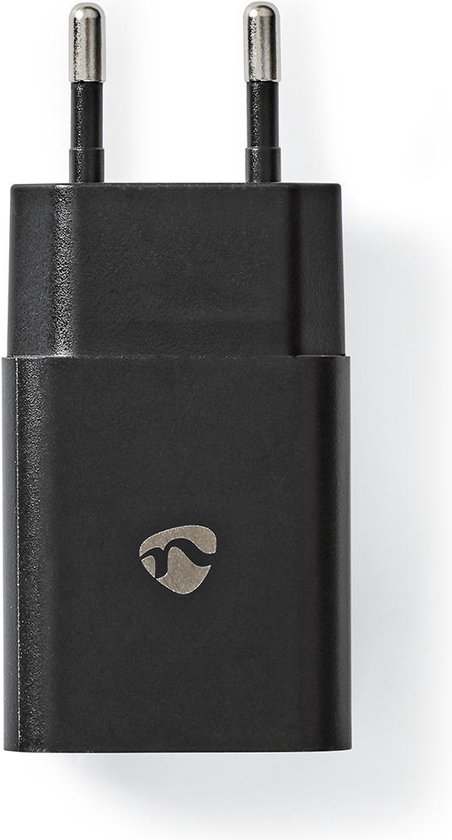 Zwarte Nedis universele wandlader met twee platte pinnen en logo.