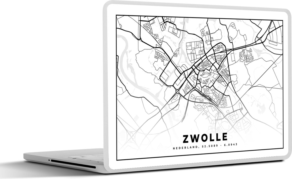 Laptop sticker - 14 inch - Kaart - Zwolle - Zwart - Wit - 32x5x23x5cm - Laptopstickers - Laptop skin - Cover