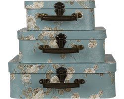 Clayre & Eef Decoratie Koffer Set van 3 30 × 21 × 9/25 × 18 × 9/20 × 16 × 8 cm Groen Karton Bloemen