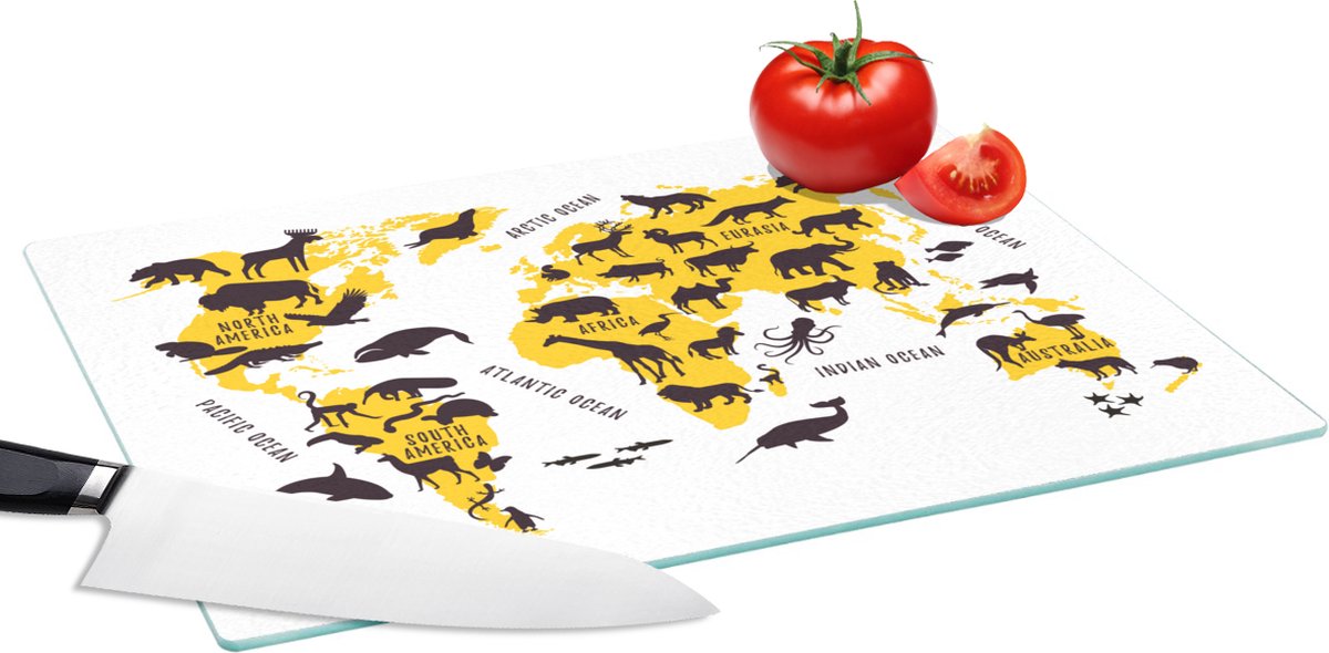 Glazen Snijplank - 39x28 - Wereldkaart - Dieren - Geel - Snijplanken Glas