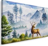 Schilderij - Berglandschap met hert (print op canvas), 4 maten, multi-gekleurd, wanddecoratie