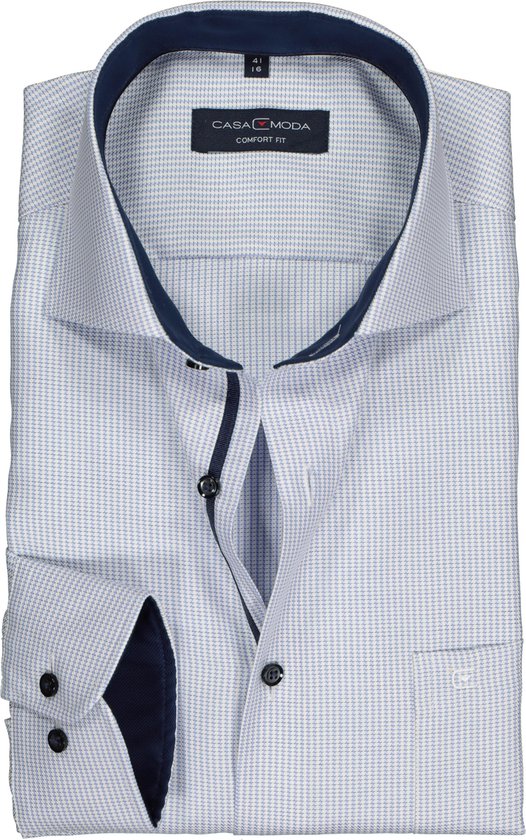 CASA MODA comfort fit overhemd - blauw met wit mini dessin structuur (contrast) - Strijkvrij - Boordmaat: 41