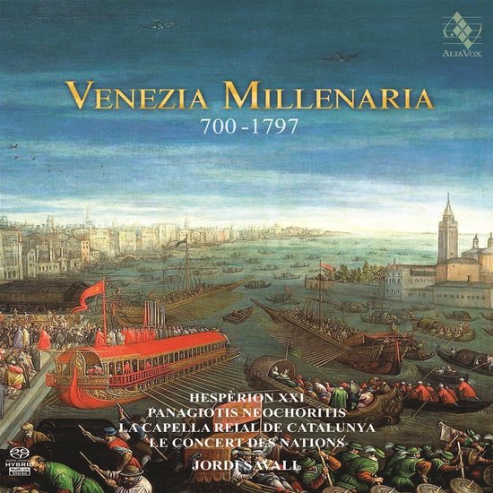 Venezia Millenaria 700-1797 albumhoes met een schilderij van een Venetiaanse haven met schepen en gebouwen.