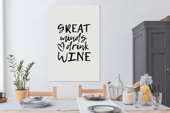 Canvas schilderij 80x120 cm - Wanddecoratie Wijn quote "Great minds drink wine" met hart - Muurdecoratie woonkamer - Slaapkamer decoratie - Kamer accessoires - Schilderijen op canvas