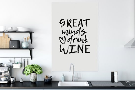 Canvas schilderij 80x120 cm - Wanddecoratie Wijn quote "Great minds drink wine" met hart - Muurdecoratie woonkamer - Slaapkamer decoratie - Kamer accessoires - Schilderijen op canvas