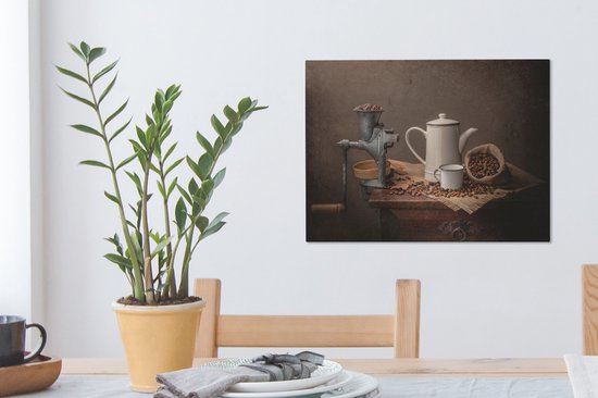 Canvas Schilderij Vele koffie bonen met draai apparaat - 40x30 cm - Wanddecoratie