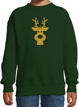 Rendier hoofd Kerstsweater - groen met gouden glitter bedrukking - kinderen - Kersttruien / Kerst outfit 12-13 jaar (152/164)