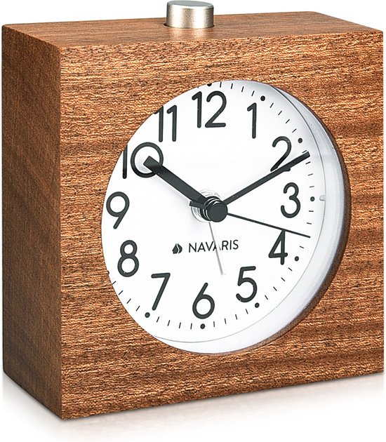 Navaris Analog Wooden Alarm Clock with Snooze - Retro square design clock with dial alarm - Quiet table clock without ticking - Natural wood in brown
