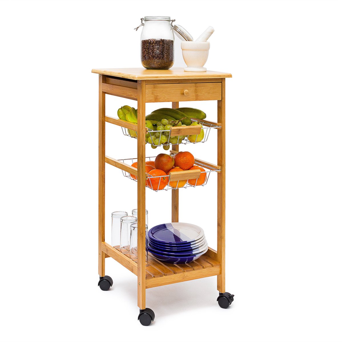 keukentrolley - bamboe - lade - 2 manden - keukenrek op wieltjes - 80,5 x 37 x 37 cm