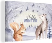 Canvas Schilderij Sneeuw - Winter - Dieren - 90x60 cm - Wanddecoratie