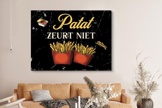 Toile Peinture Frites - Vintage - Citation - 160x120 cm - Décoration murale XXL - Cadeau femme - Cadeau homme