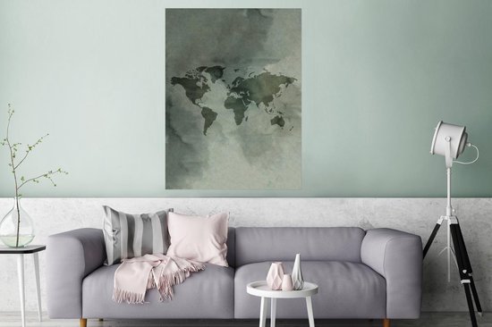 Décoration murale - Carte du Wereldkaart - Aquarelle - Grijs - 90x120 cm - Affiche