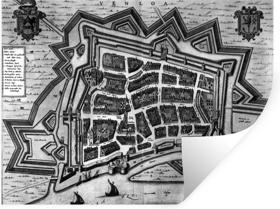 Muurstickers - Sticker Folie - Een oude en historische stadskaart van Venlo - zwart wit - 80x60 cm - Plakfolie - Muurstickers Kinderkamer - Zelfklevend Behang - Plattegrond - Zelfklevend behangpapier - Stickerfolie