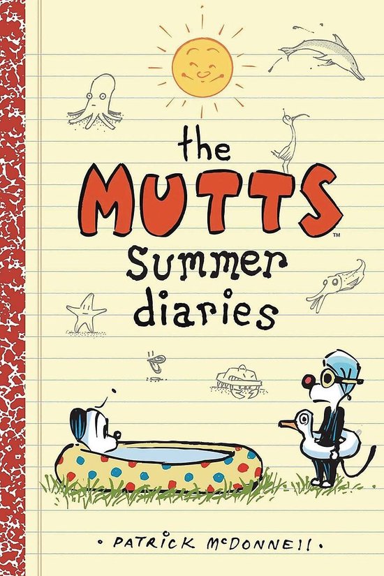 Boekomslag: 'The Mutts Summer Diaries' door Patrick McDonnell. Tekening van een hond in een zwembadje en een kat met een badeendje.