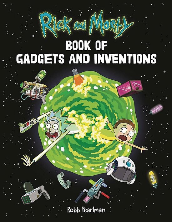Boek van Rick and Morty: Gadgets en Uitvindingen met Rick en Morty rond een portaal, omringd door gadgets en ruimte.