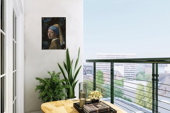Décoration de Jardin Fille à la perle - Vermeer - Fleurs - Blauw - 30x40 cm - Toile de jardin - Affiche extérieure