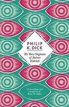 Couverture de livre avec des yeux stylisés en rose et vert, avec le titre 'The Three Stigmata of Palmer Eldritch' par Philip K. Dick.