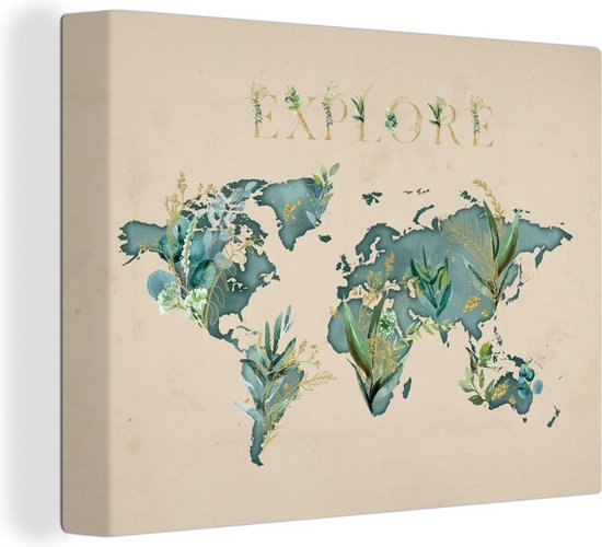 Wanddecoratie Wereldkaart - Planten - Turquoise - Canvas - 40x30 cm